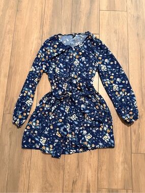 Navy Floral Long-Sleeve Dress with Tie Waist